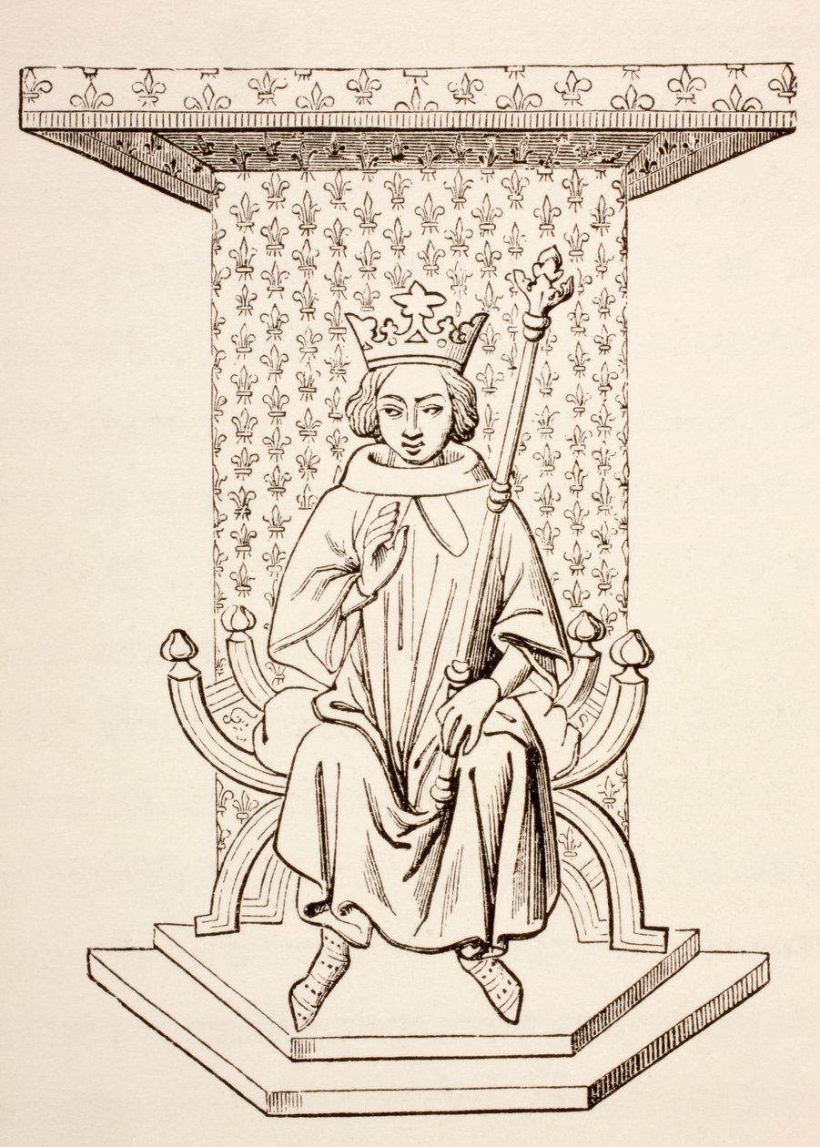 Kong Ludvig IX af Frankrig på sin trone med Fleur-de-Lis-motiv, 1873 af French School