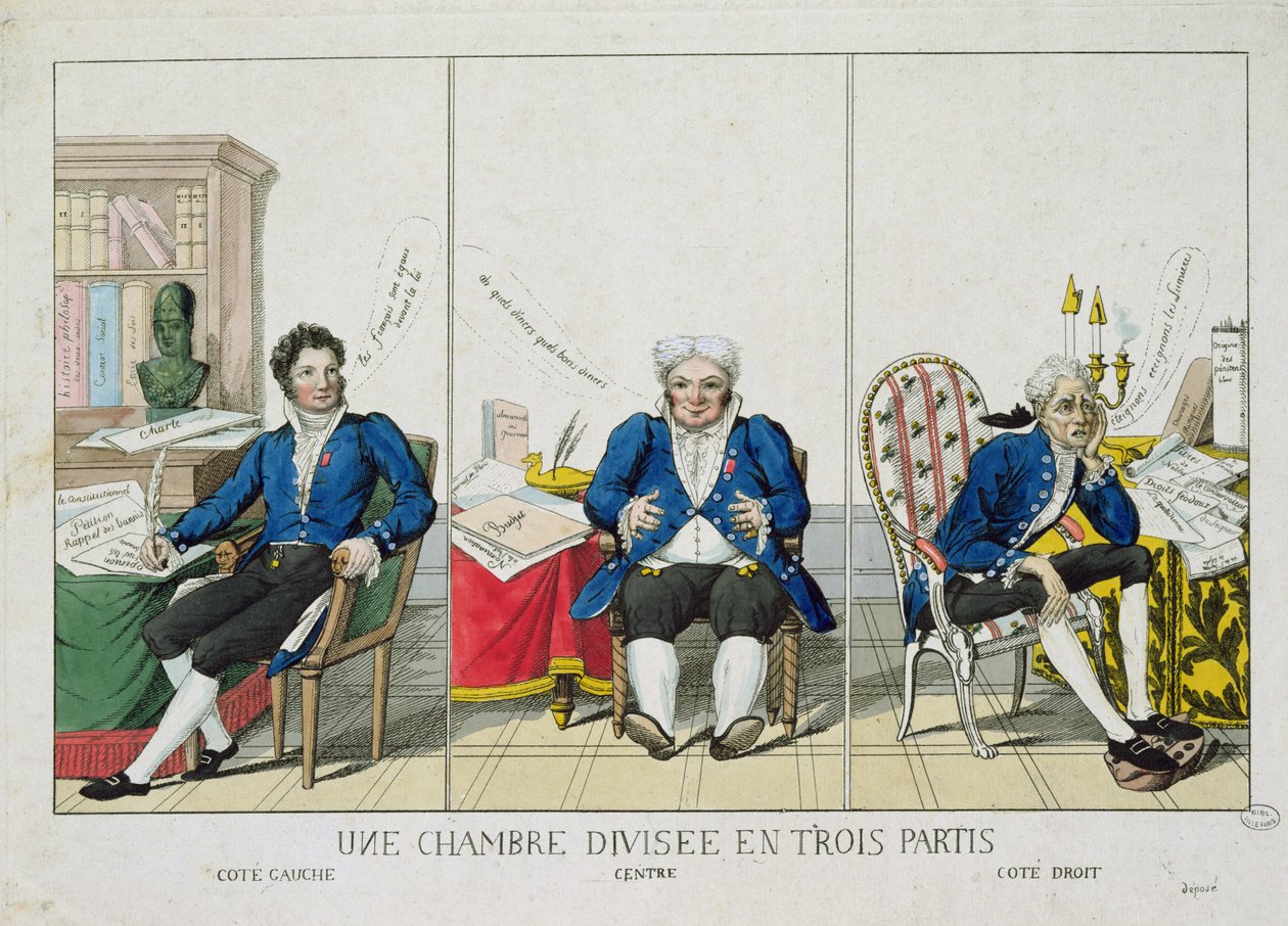 La Chambre Divisee en Trois Partis, karikatur af nationalforsamlingen, 1819 af French School