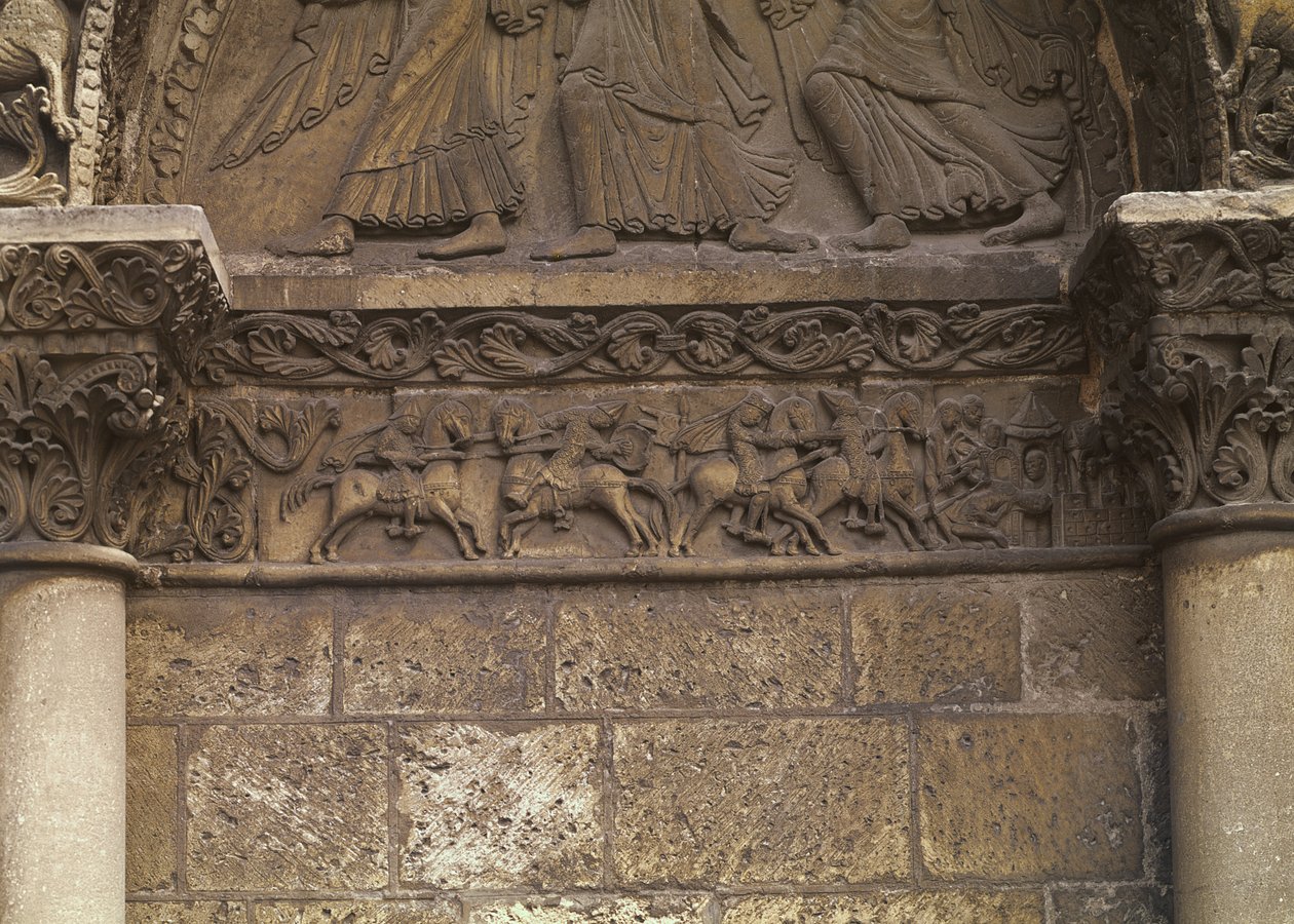 Overliggerdetalje på vestfacaden viser scener inspireret af La Chanson de Roland, ca. 1125-35 af French School