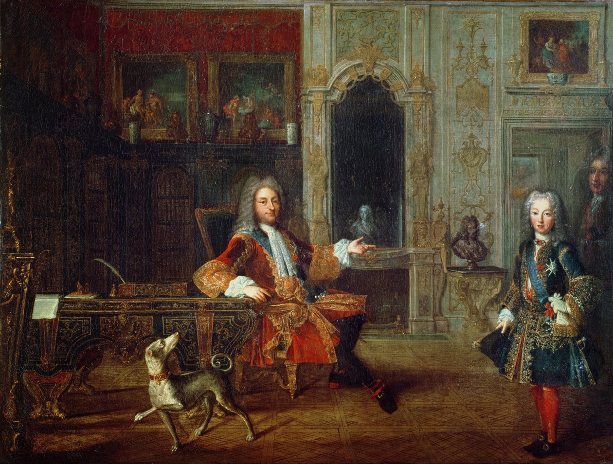 Ludvig XV (1710-74) og regenten, Philippe II (1674-1723) hertug af Orleans i studiet af Grand Dauphin i Versailles, ca. 1720 af French School