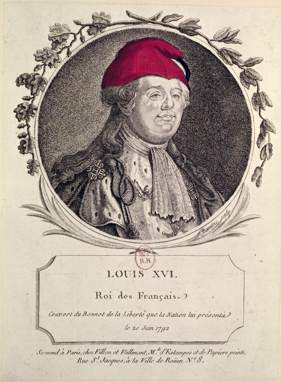 Ludvig XVI (1754-93) iført en frygisk hætte, præsenteret for ham af nationen, 20. juni 1792 af French School