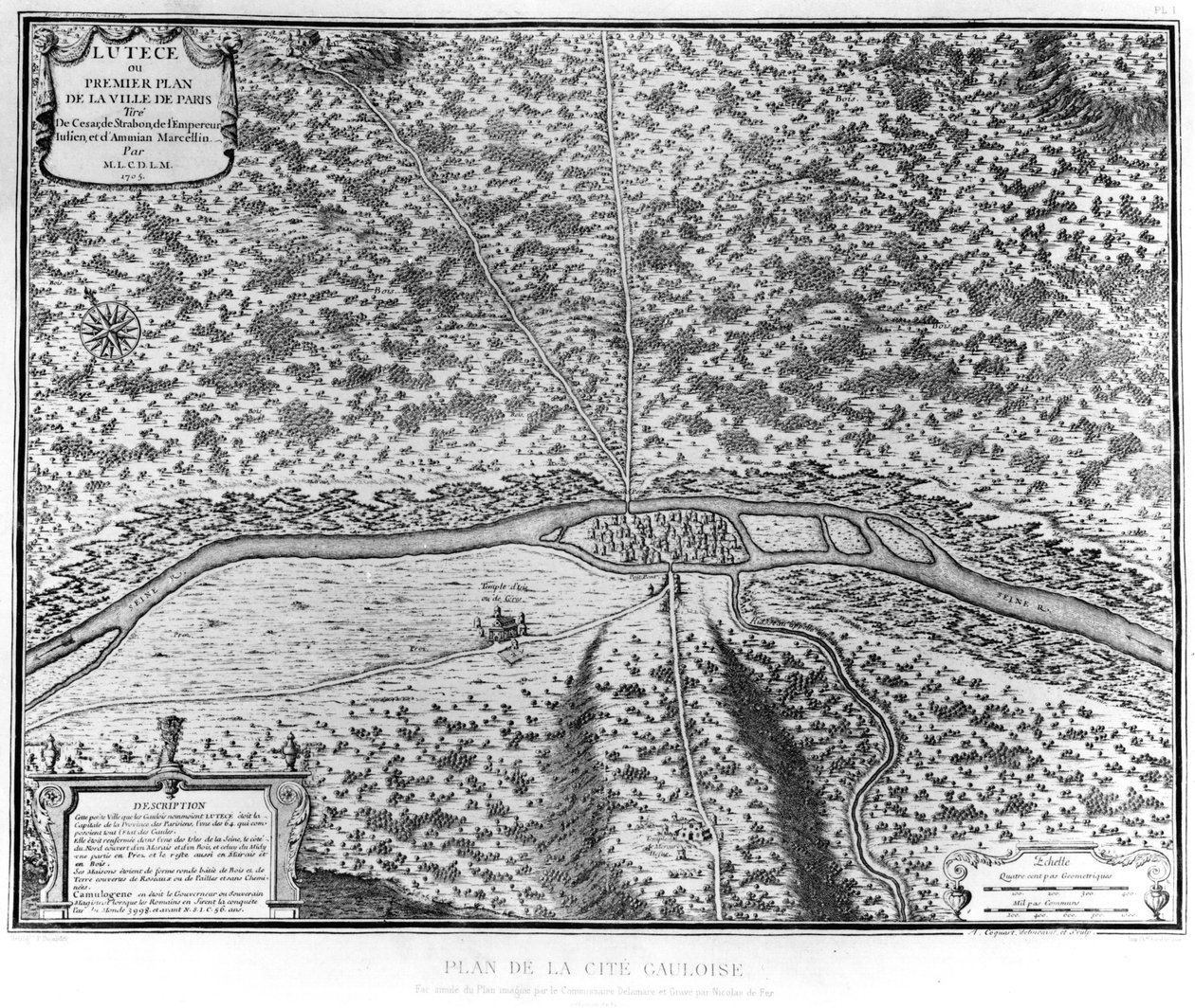 Lutetia eller den første plan af Paris, taget fra Cæsar, Strabo, kejser Julian og Ammianus Marcellinus, 1705 af French School