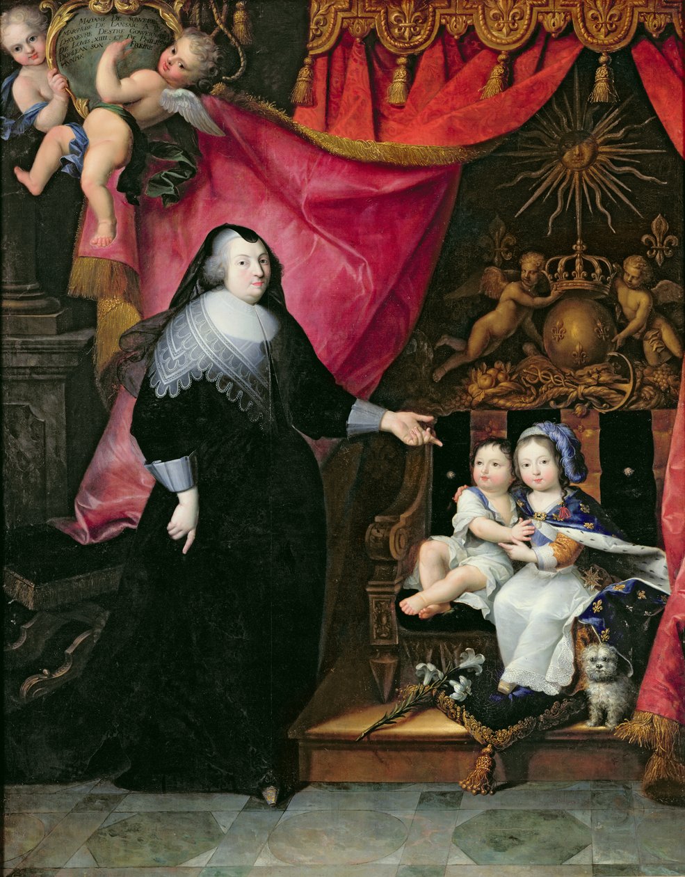 Madame de Lansac (1582-1657) og Frankrigs børn, Ludvig XIV (1638-1715) og hans bror Philippe af Orleans (1640-1701) efter 1640 af French School