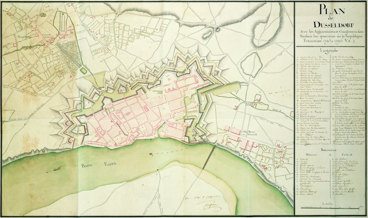 Kort over Düsseldorf, 1797 af French School