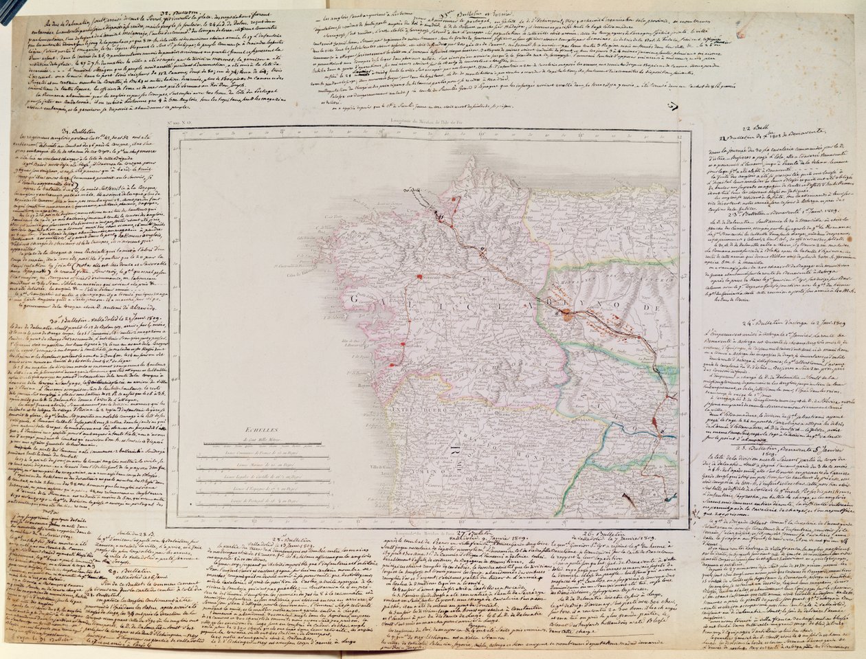 Kort over Galicien med den franske hærs rute og en log fra felttoget i januar 1809 (pen og blæk og farvet gravering) af French School