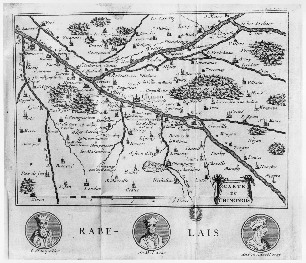 Kort over regionen Chinon relateret til Francois Rabelais værker, udgivet i 1725 af French School
