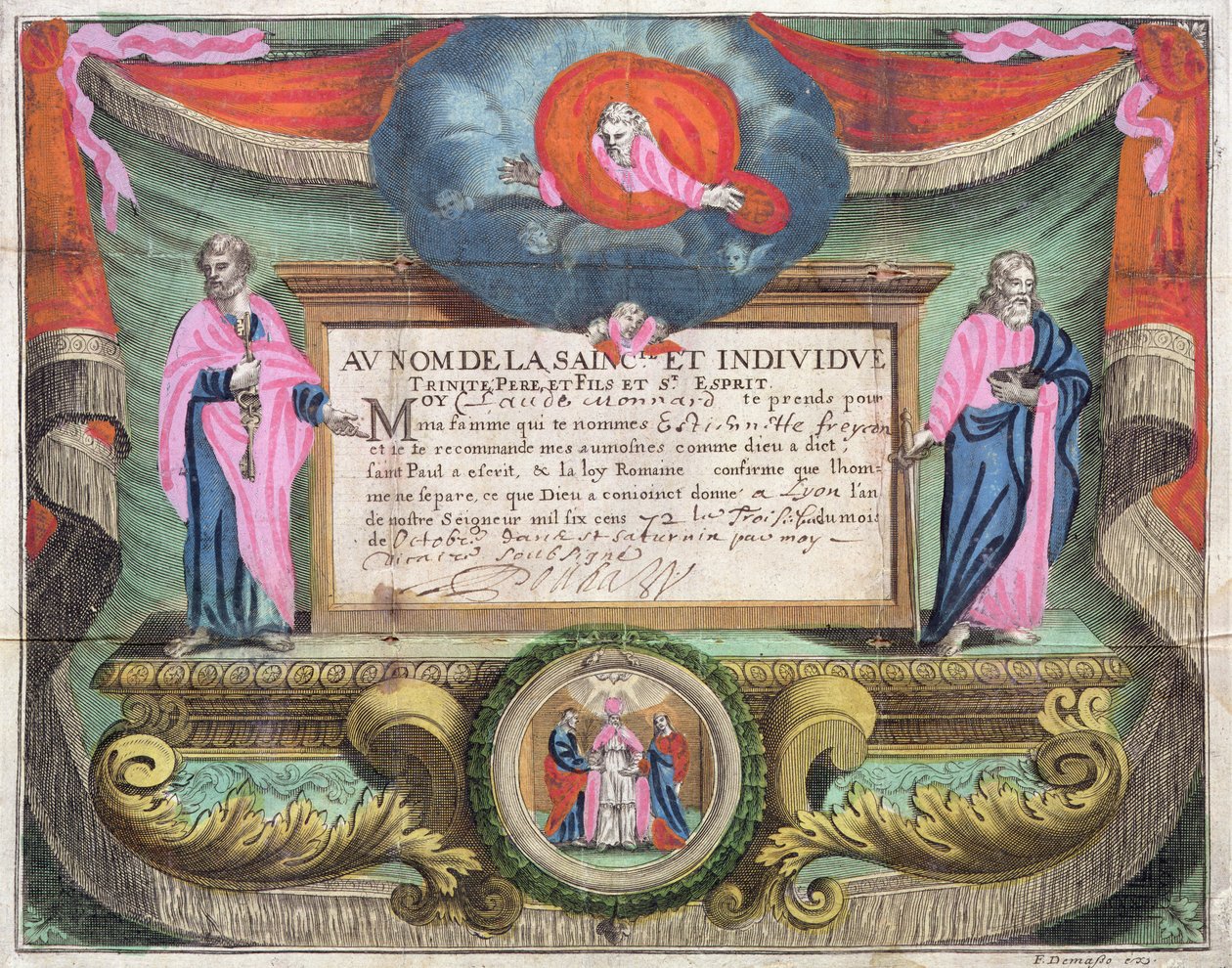 Ægteskabsattest for Claude Monnard udstedt i Lyon i 1672 af French School