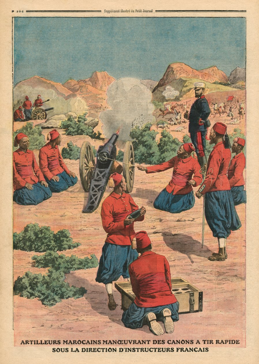 Marokkanske artillerister, der bruger kanoner under kommando af franske instruktører, illustration fra 