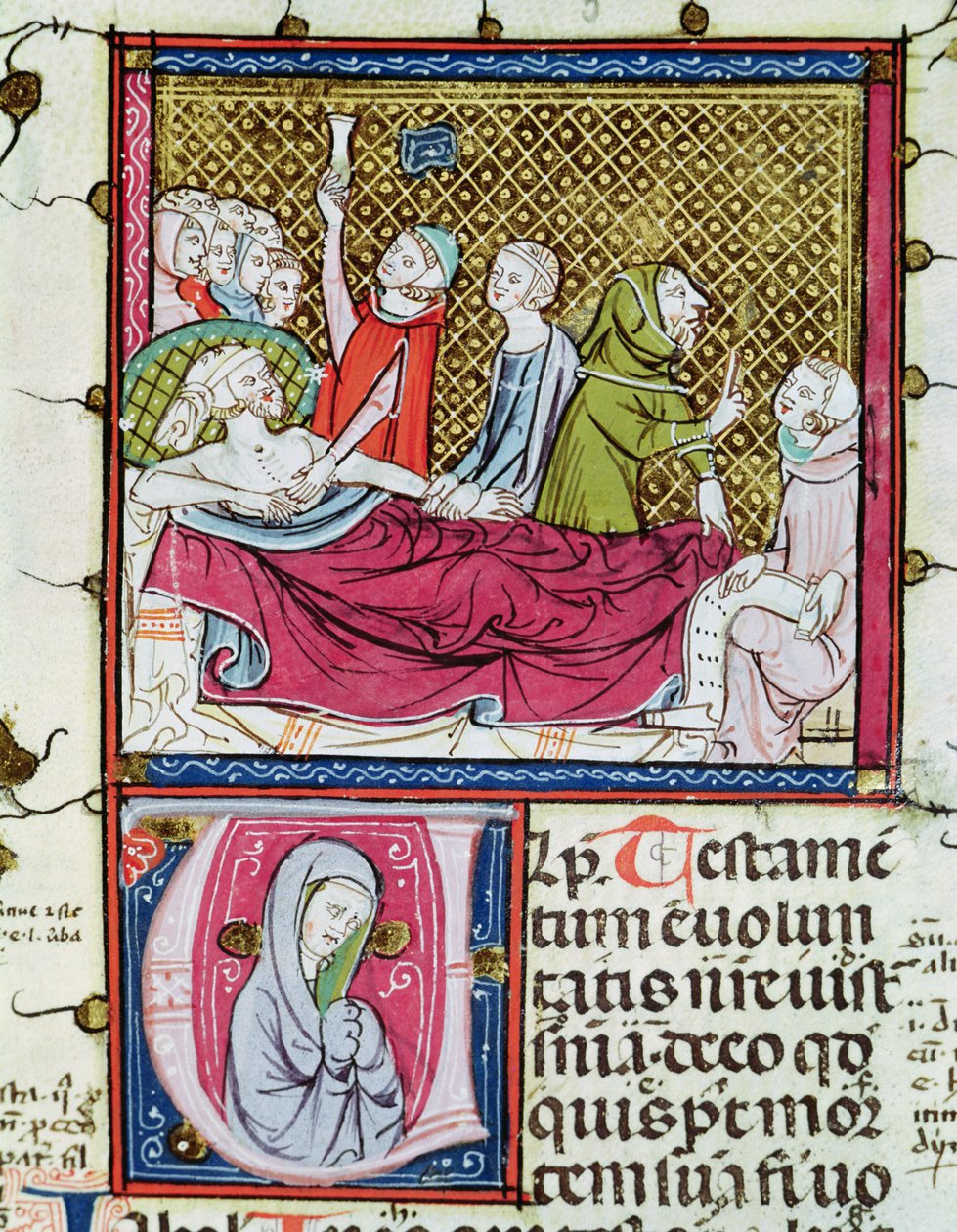 Ms 3076 fol.56r Døende mand omgivet af læger og familie, dikterer hans testamente, fra 