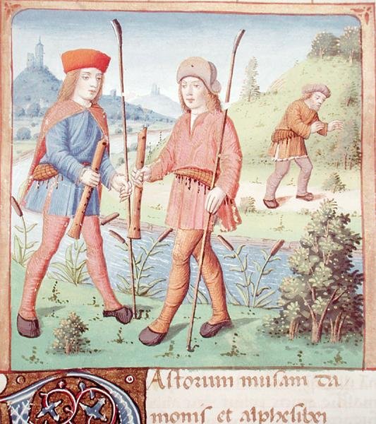 Ms 493 fol.14 Hyrder ved en flod, fra The Eclogues af Virgil med en kommentar af Servius, 1469 af French School