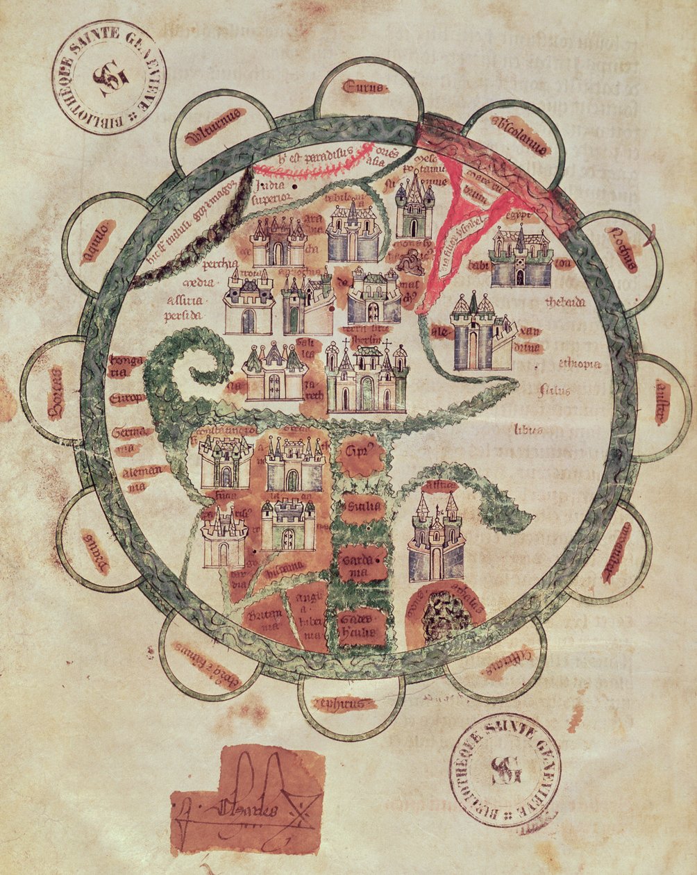 Ms 782 f.374v Verdenskort med Jerusalem i midten, fra 