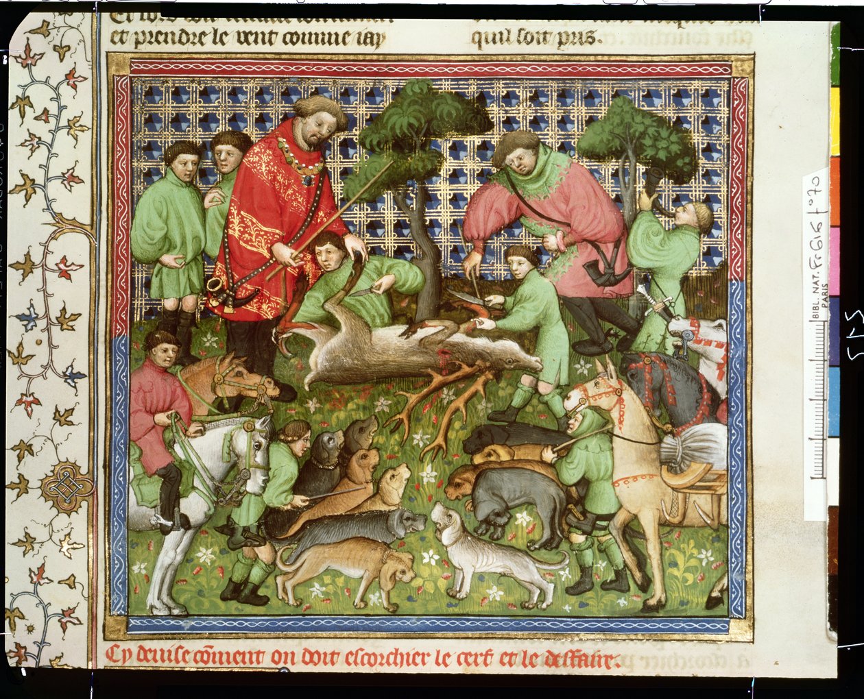 Fr 616 fol.70 At skære en død kronhjort op fra Livre de la Chasse af Gaston Phebus de Foix (1331-91) af French School