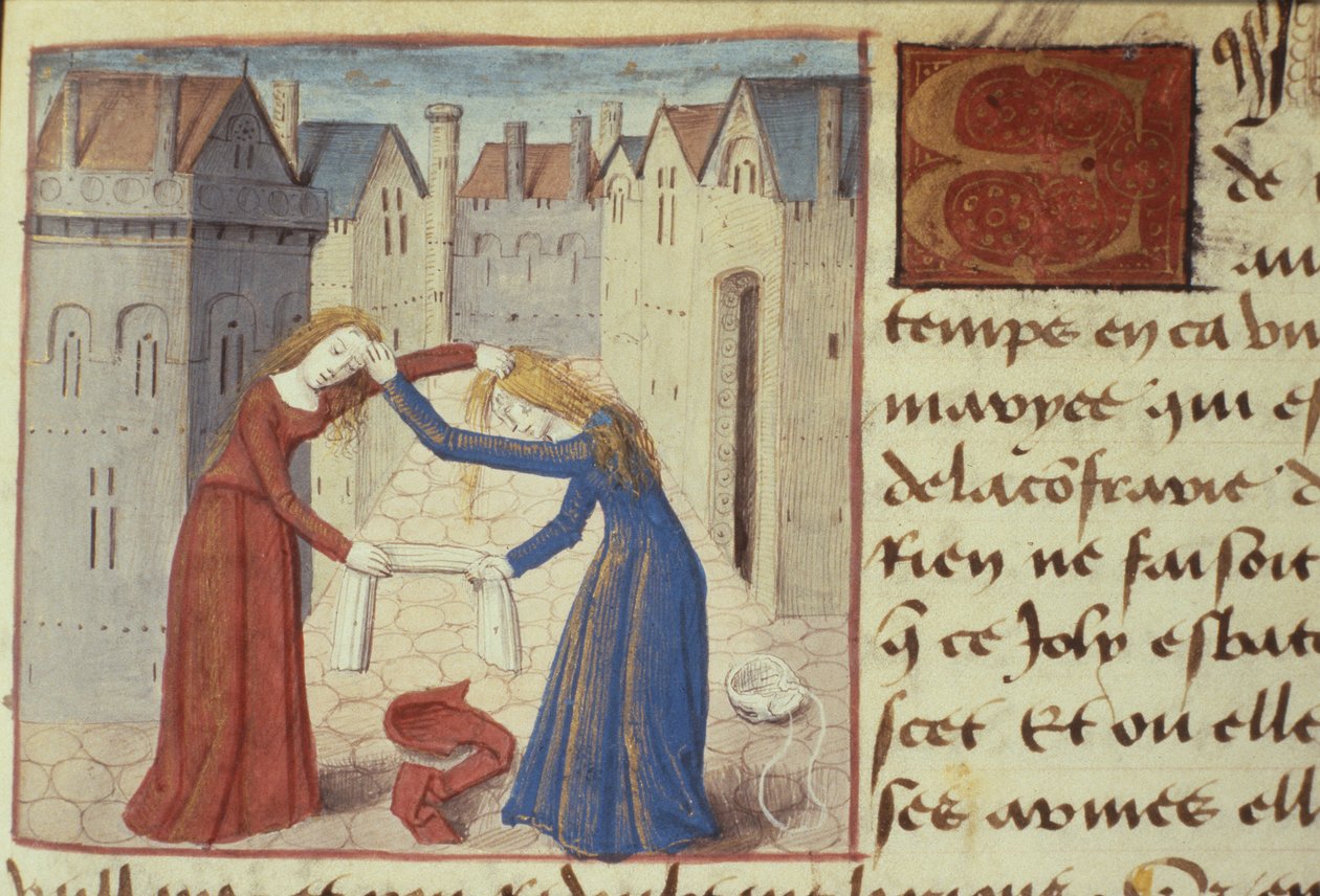 Ms Hunter 252 f.186r To kvinder i kamp, ​​fra Les Cent Nouvelles Nouvelles, 1462 af French School