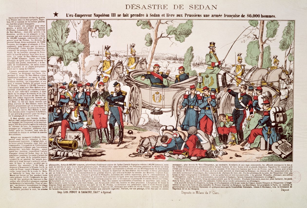 Napoleon III (1808-73) ankommer til Sedan og overgiver 80.000 franske soldater til den preussiske hær, 1. september 1870 af French School