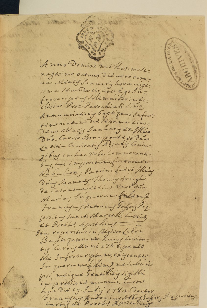 Napoleons fødselsattest, 1769 af French School