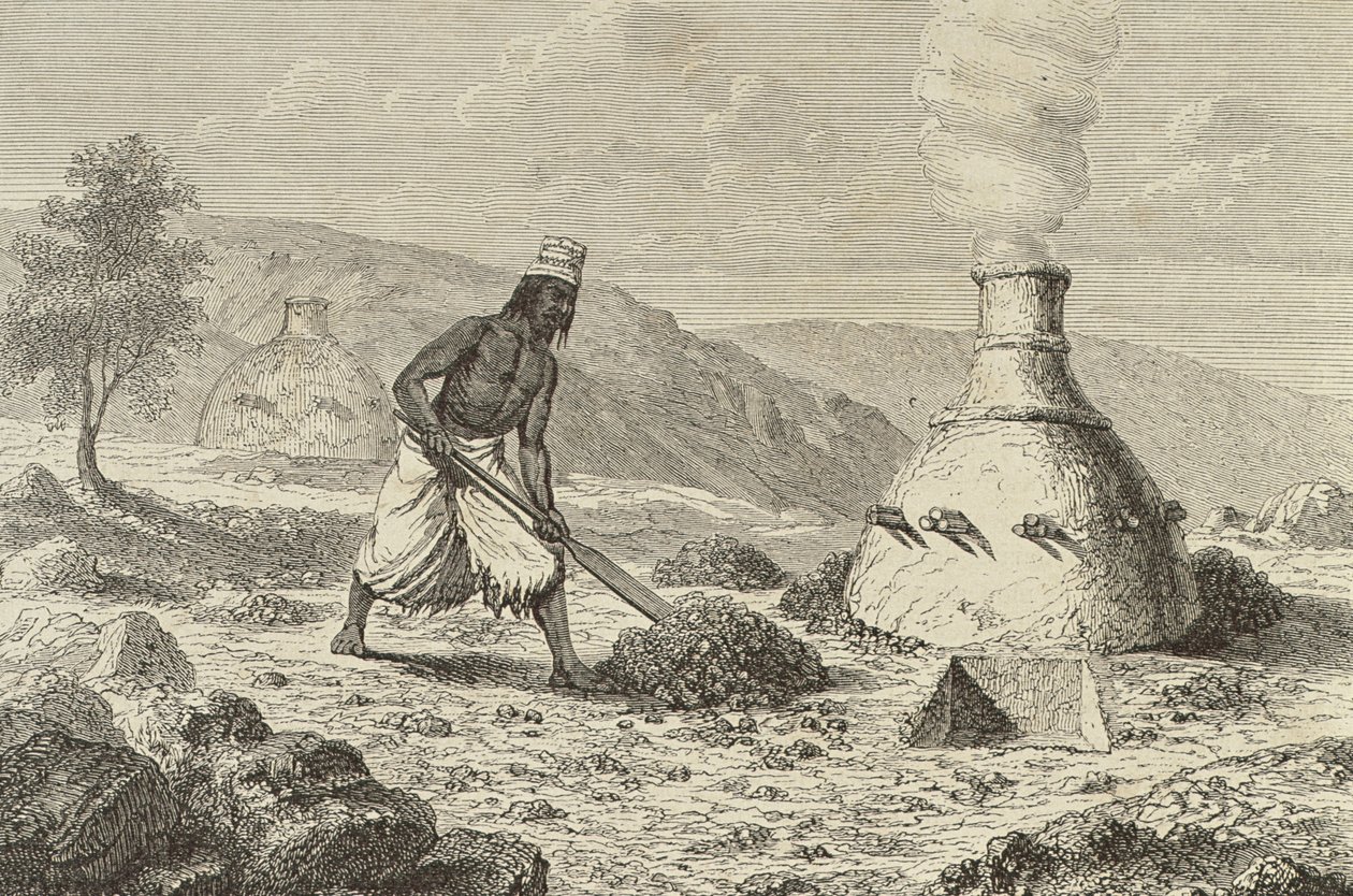 Indfødt smeltende jernmalm i Fouta Djallon, Guinea, 1850
