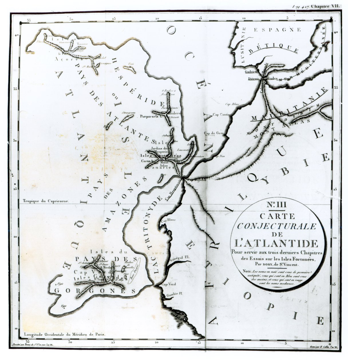 Nr. III Formodningskort over øen Atlantis, tegnet af Bory af St-Vincent og indgraveret af E. Collin af French School