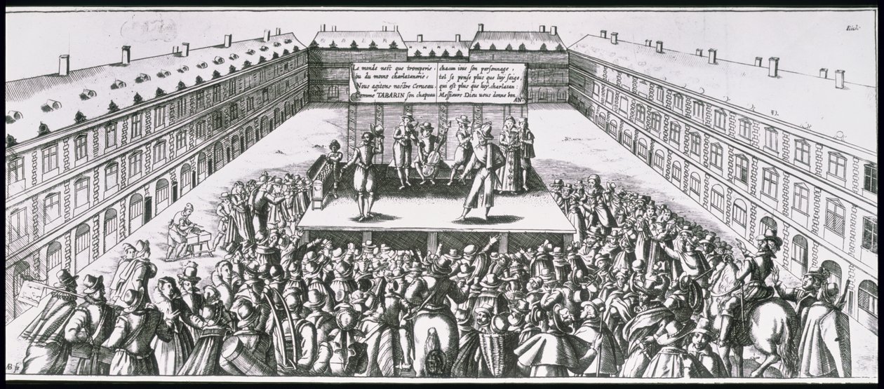 Udendørs teaterforestilling med Antoine Firard (1584-1633), kendt som Tabarin, på scenen af French School