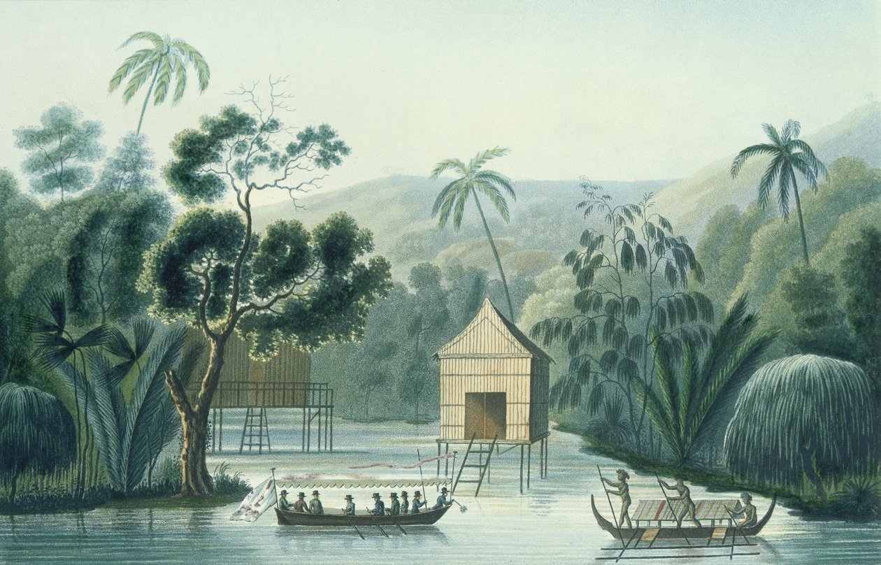 Pagoda på øen Waigiou, fra Voyage Around the World på Corvette La Coquille (1822-25) af Louis Isidore Duperrey (1786-1865) af French School