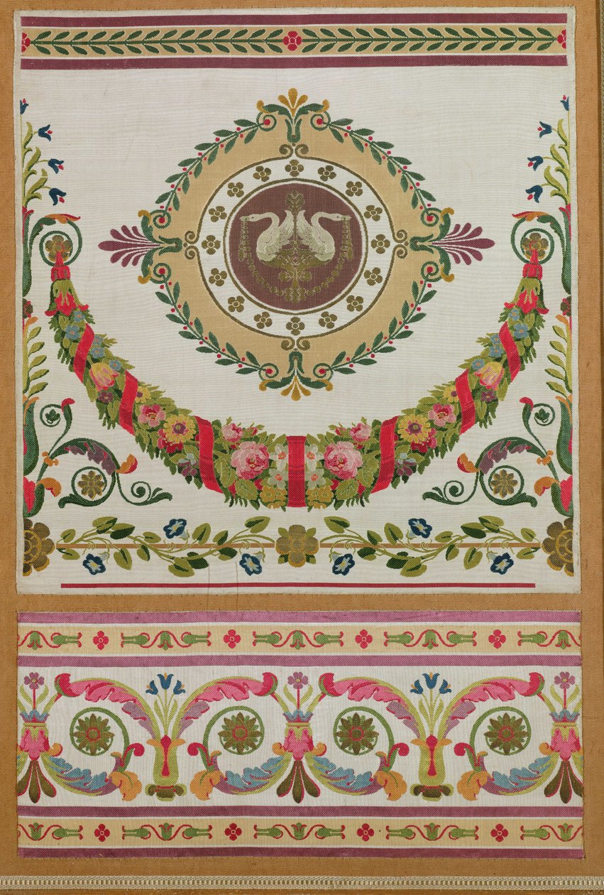 Panel af silke med en krans af blomster og svaner fra Pernon, Lyons (silke) af French School