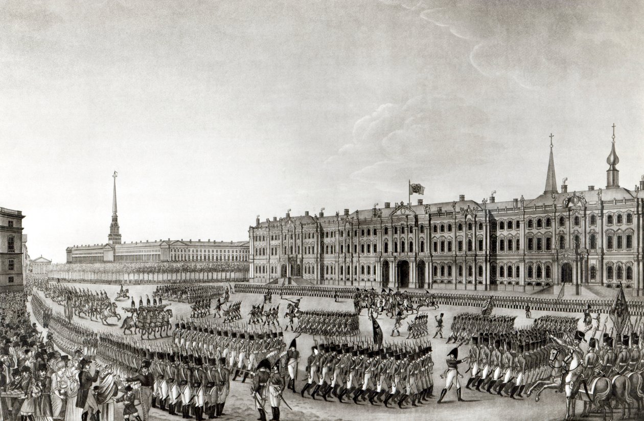 Parade foran det kejserlige palads, Skt. Petersborg, 1812 af French School