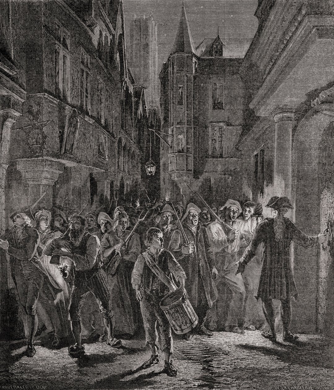 Folk går på gaden i Paris, 1789 af French School