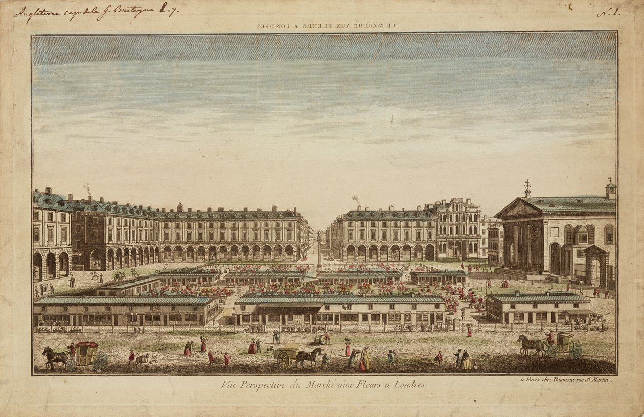 Perspektiv udsigt over Covent Gardens blomstermarked af French School