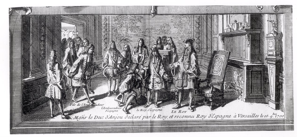 Philippe de France (1683-1746) hertug af Anjou, anerkendt som konge af Spanien af Ludvig XIV (1638-1715) konge af Frankrig, 16. september 1700, i Versailles af French School