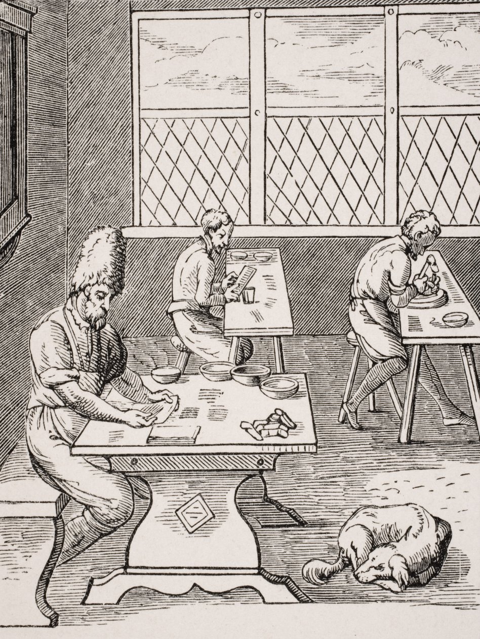 Pin and Needle Maker, reproduktion af et træsnit af Jost Amman (1539-91) fra "Le Moyen Age et La Renaissance" af Paul Lacroix (1806-84) udgivet i 1847 af French School