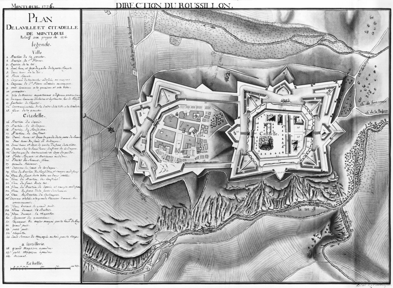 Plan og kort over byen og citadellet Mont-Louis, 1776 (blyant og wc på papir) af French School