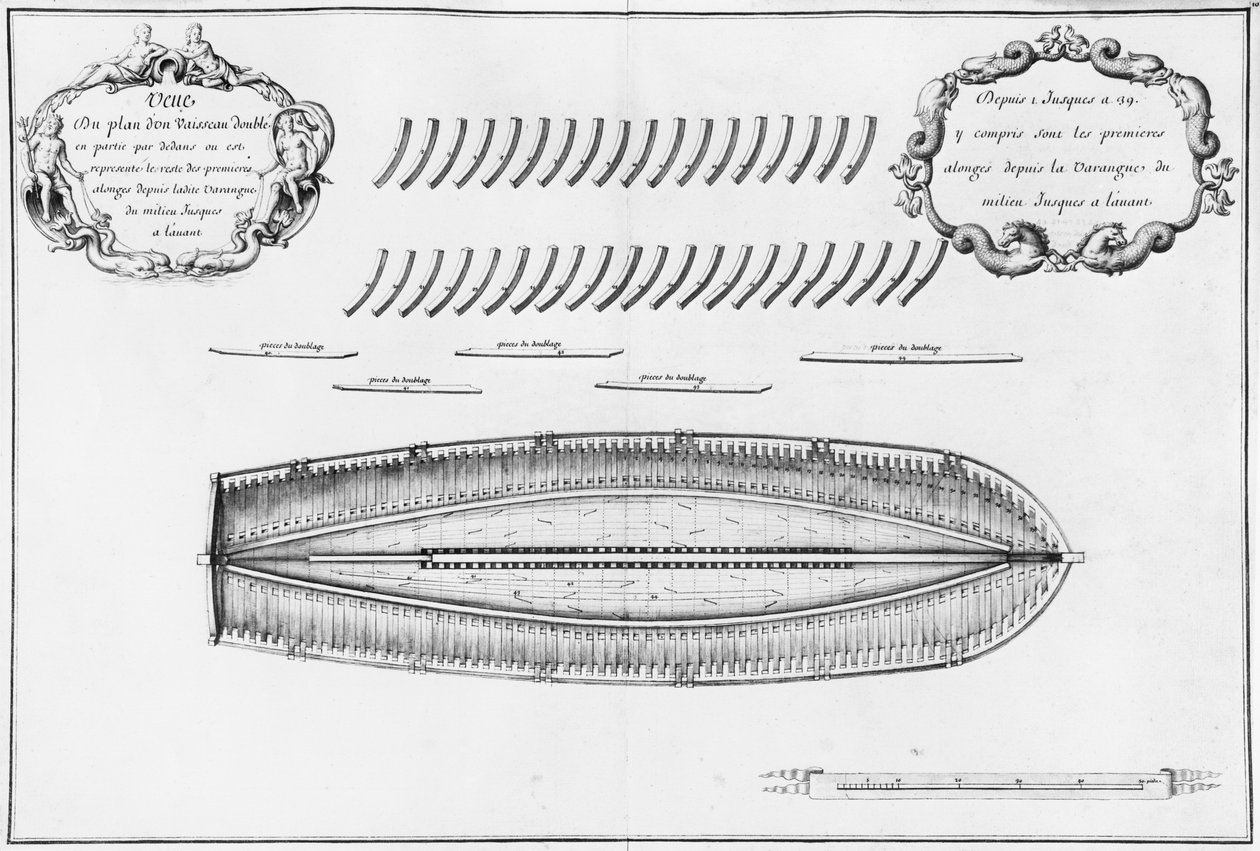 Plan over et fartøj delvist foret indefra, illustration fra 