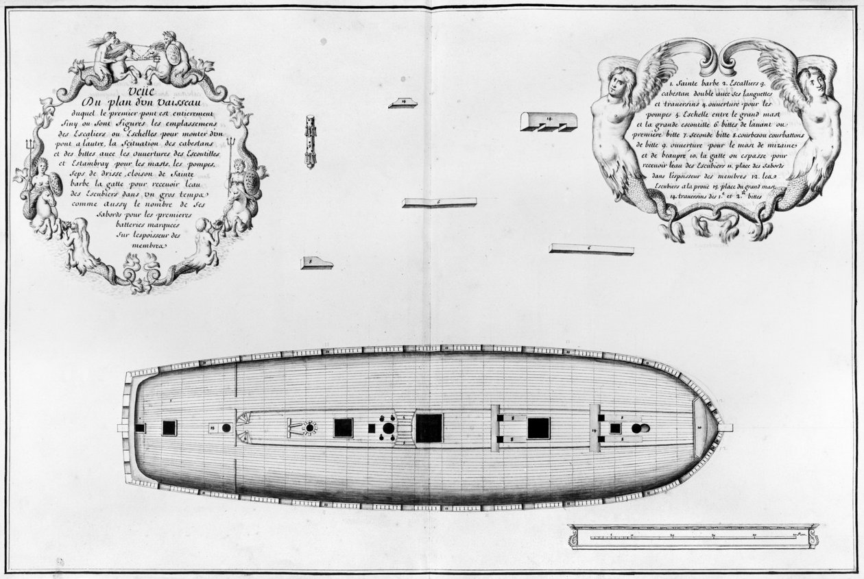 Plan over et fartøj med færdiggjort første dæk, illustration fra 