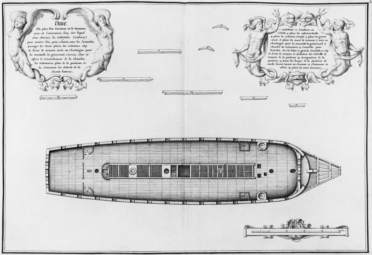 Plan af et skib med et helt færdigt andet dæk, illustration fra "Atlas de Colbert", plade 34 (blyant og wc på papir) af French School