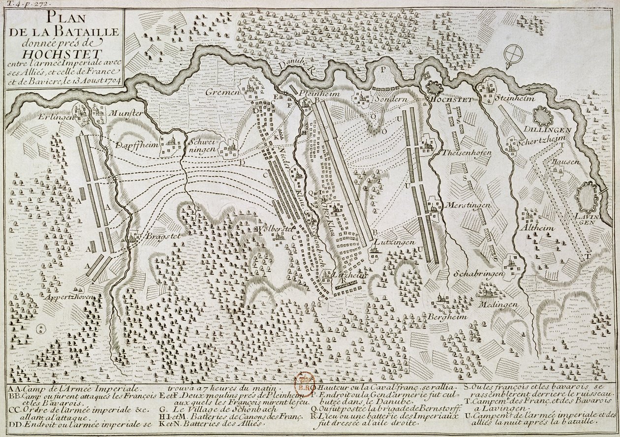 Plan for slaget ved Blenheim mellem den kejserlige hær og den fransk-bayerske hær, 13. august 1704 af French School