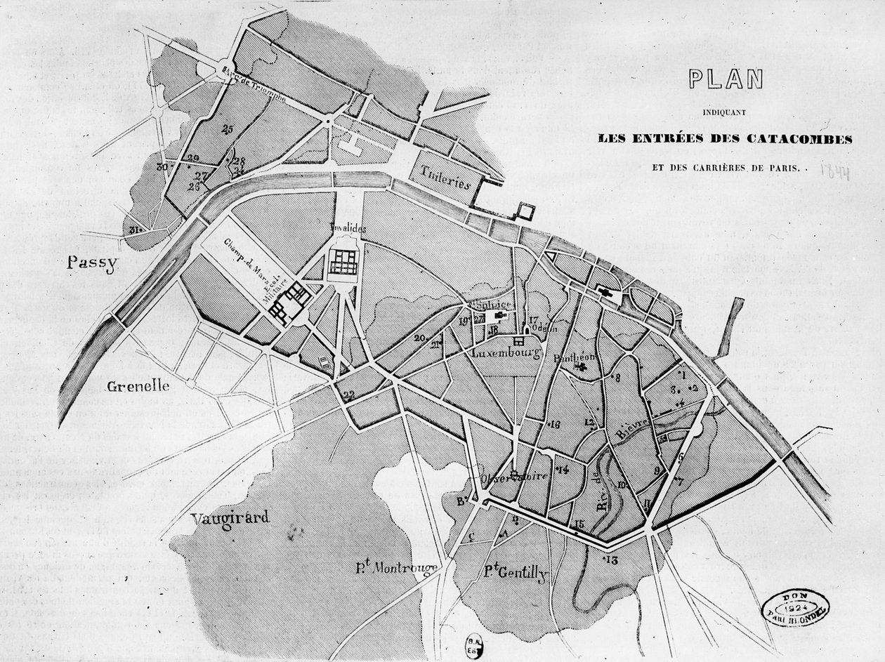Plan over indgangene til katakomberne og stenbrudene i Paris, 1844 af French School
