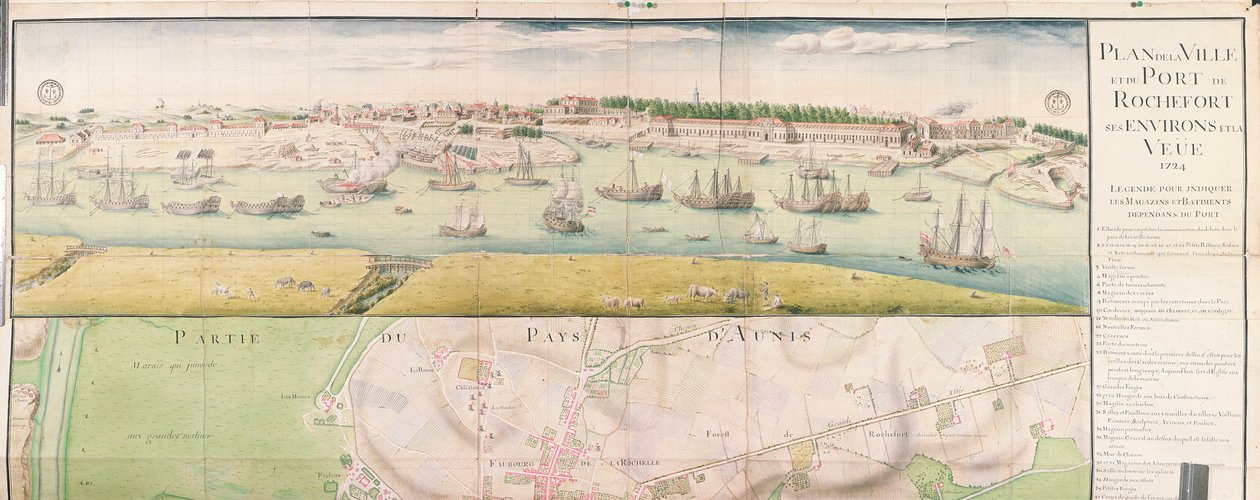 Plan over byen og havnen i Rochefort, 1724 af French School