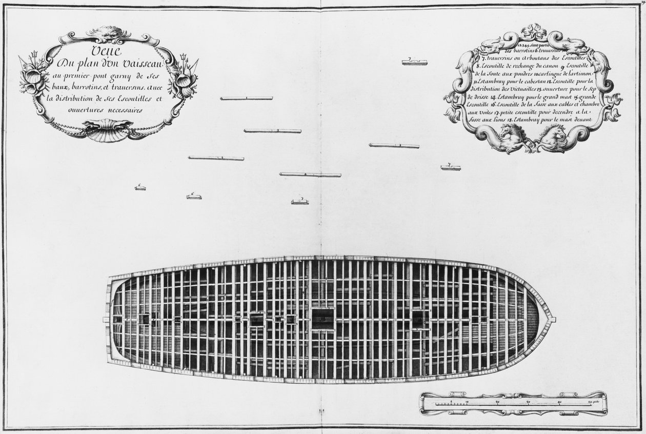 Plan af et skibs første dæk, illustration fra "Atlas de Colbert", plade 19 (blyant og wc på papir) af French School