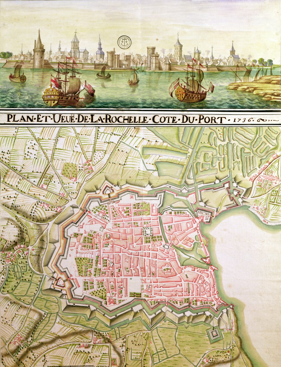 Plan over byen La Rochelle, 1736 af French School