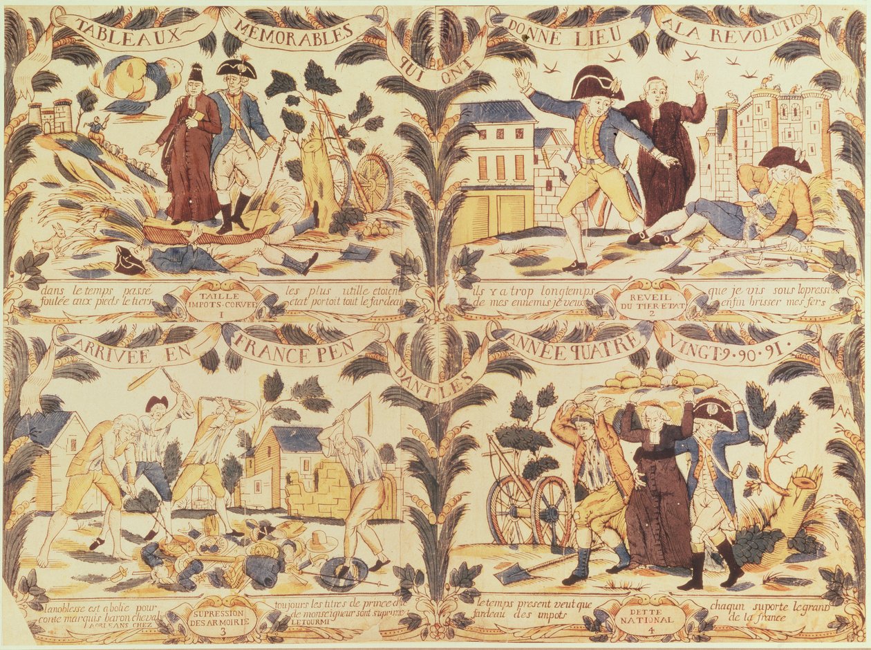 Populære billeder, der i tegneserier fremhæver de vigtigste årsager til revolutionen i Frankrig, ca. 1792 af French School