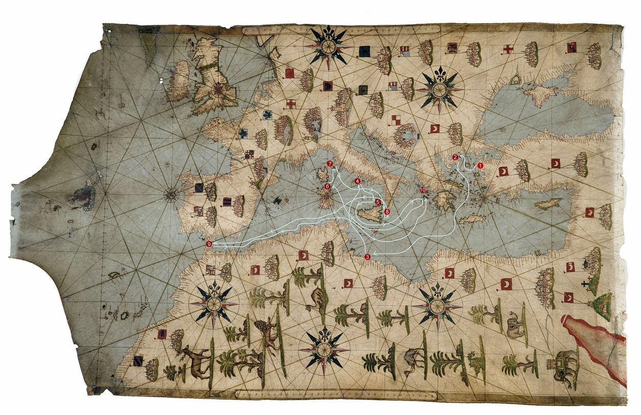 Portolan-kort over Middelhavskysten, der viser de forskellige stadier af Ulysses-rejsen, som fortalt i Homers Odyssey, 1593 (pergament) af French School