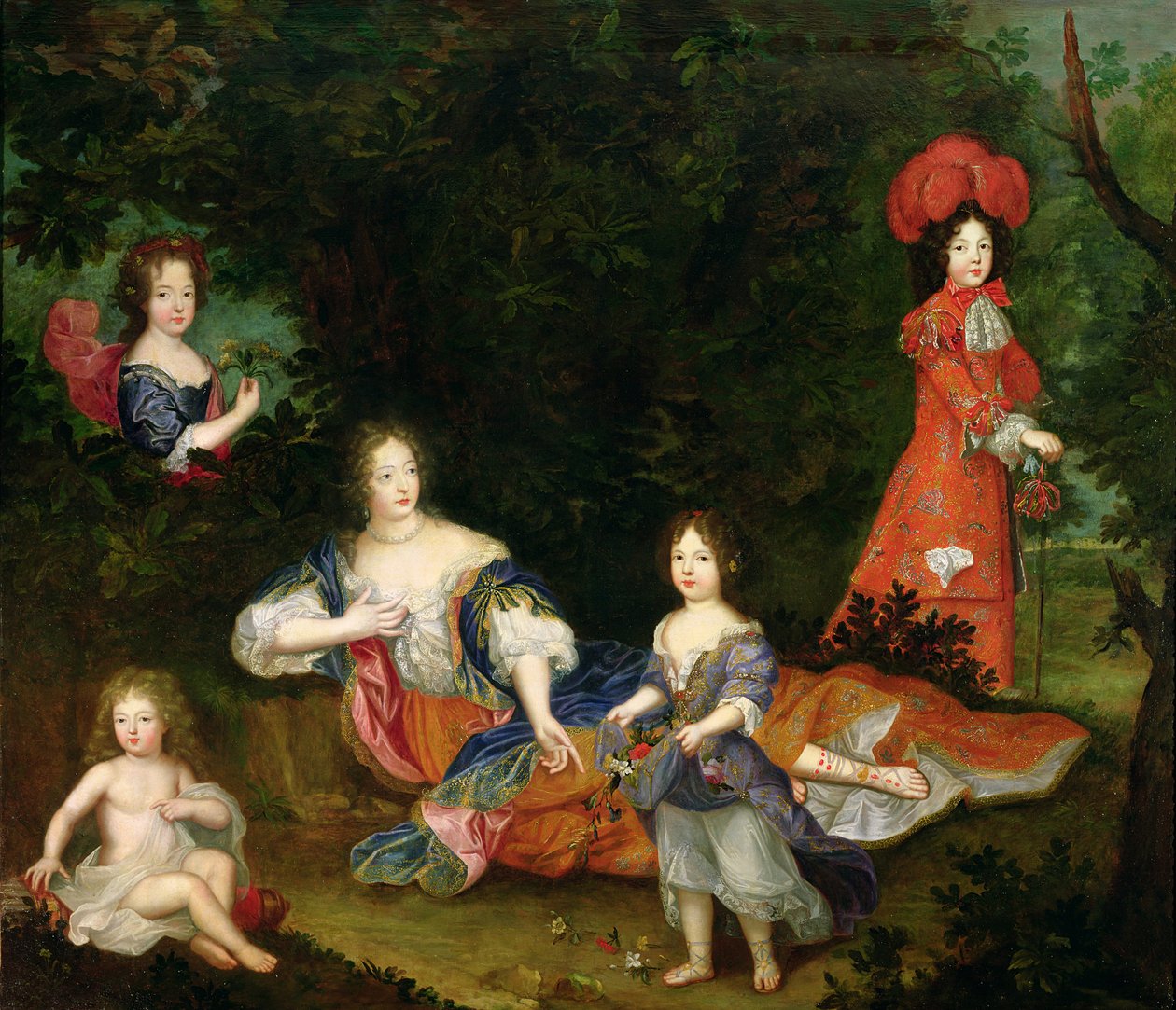 Portræt af Francoise-Athenais de Rochechouart-Mortemart (1641-1707) Marquise de Montespan, omgivet af sine legitime børn af French School