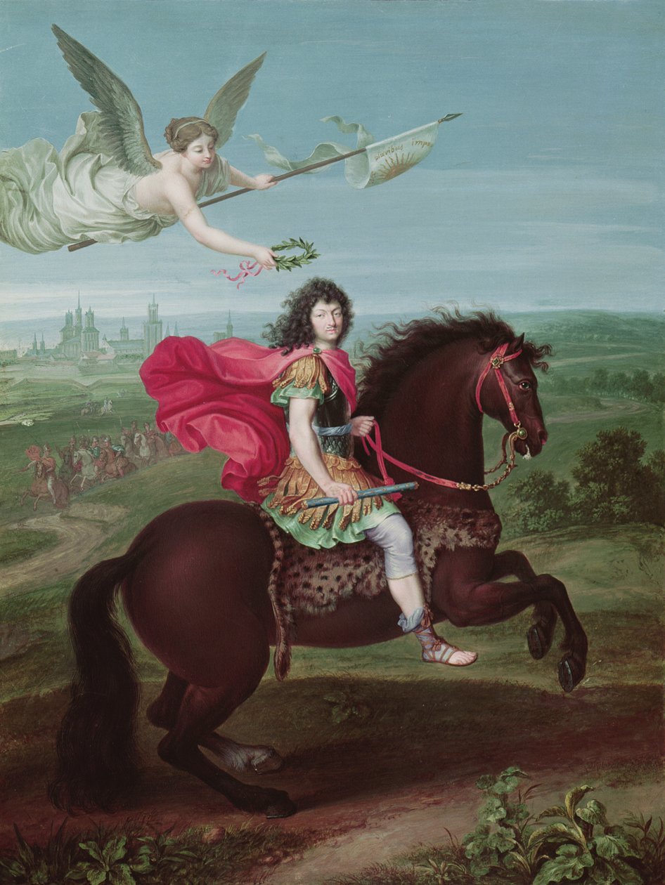 Portræt af Louis XIV (1638-1715), frontispice til en bog med militærkampagnekort af French School