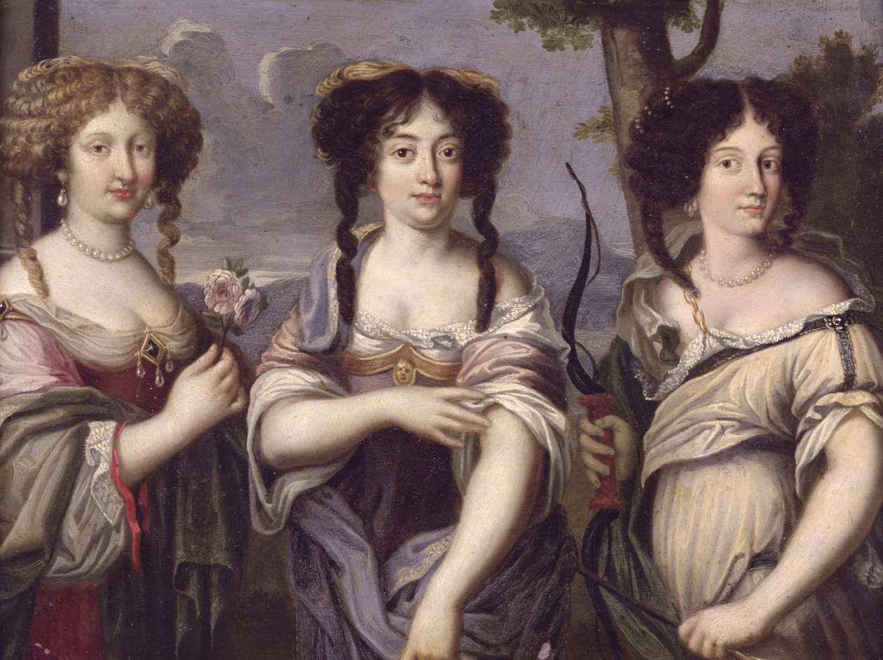 Portræt af tre af kardinal Mazarins niecer portrætteret som gudinder, Venus, Juno og Diana (olie på kobber) af French School