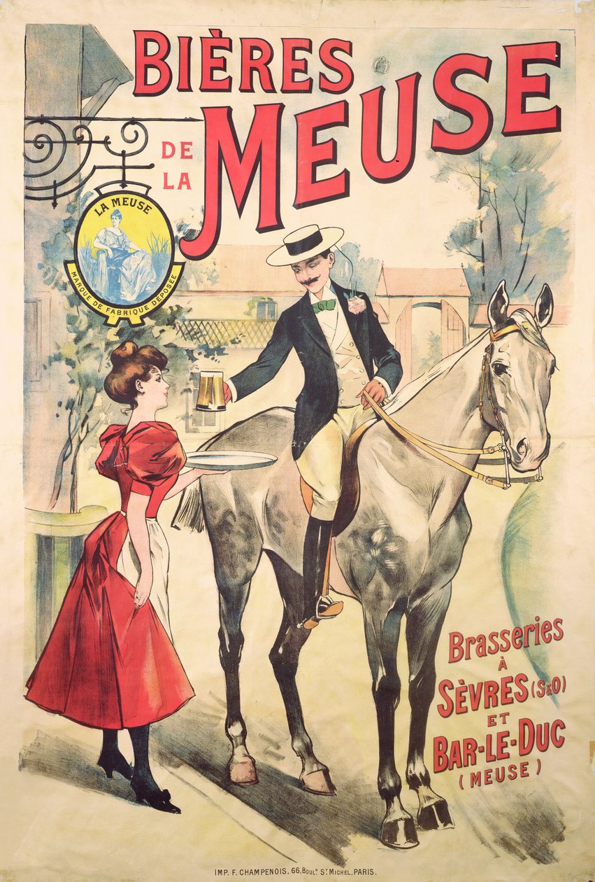 Plakat, der reklamerer for Bieres de la Meuse i brasserierne i Sevres og Bar-le-Duc af French School