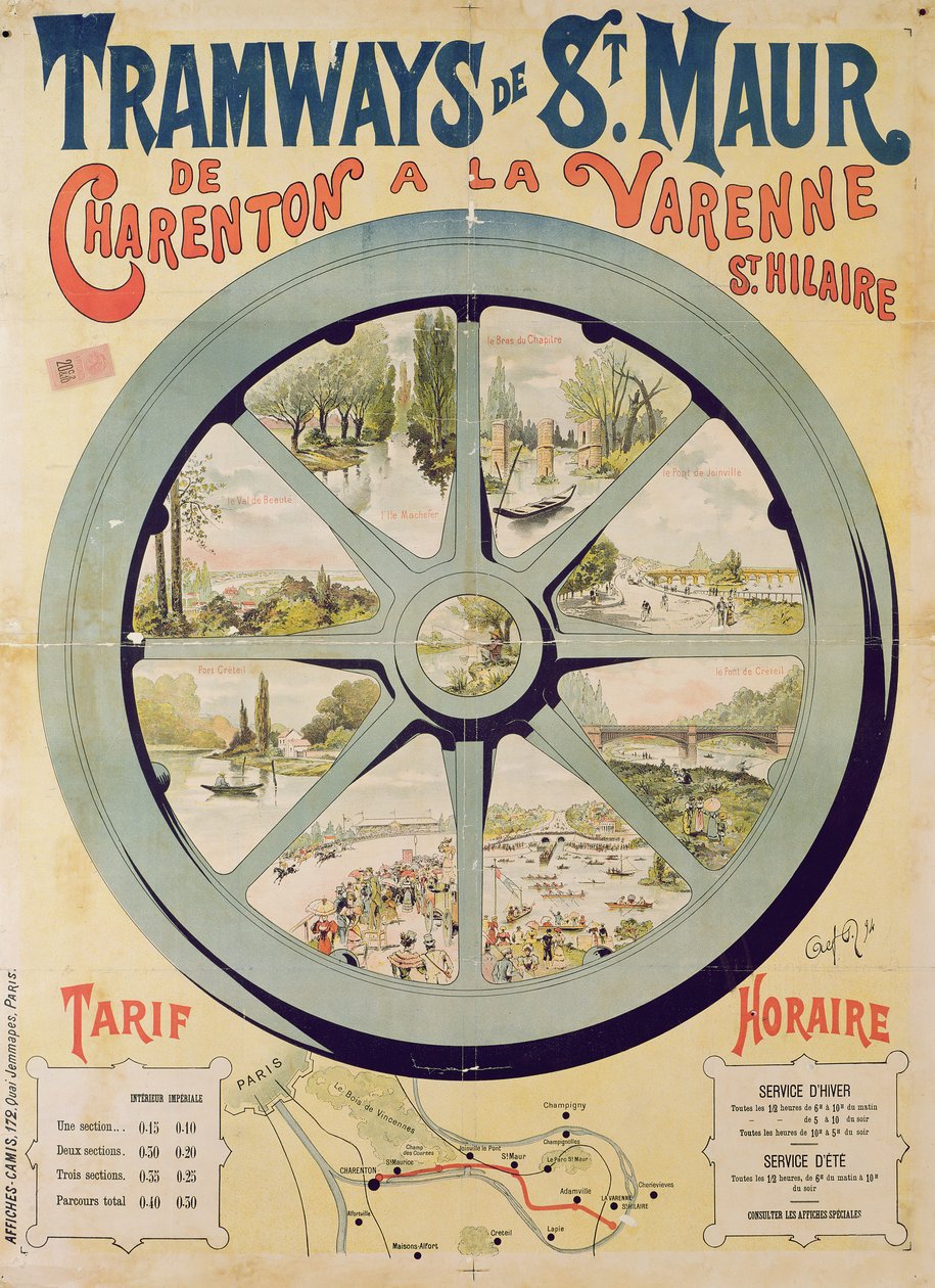 Plakat med reklame for Tramways de St. Maur fra Charenton til La Varenne-Saint-Hilaire, 1894 af French School