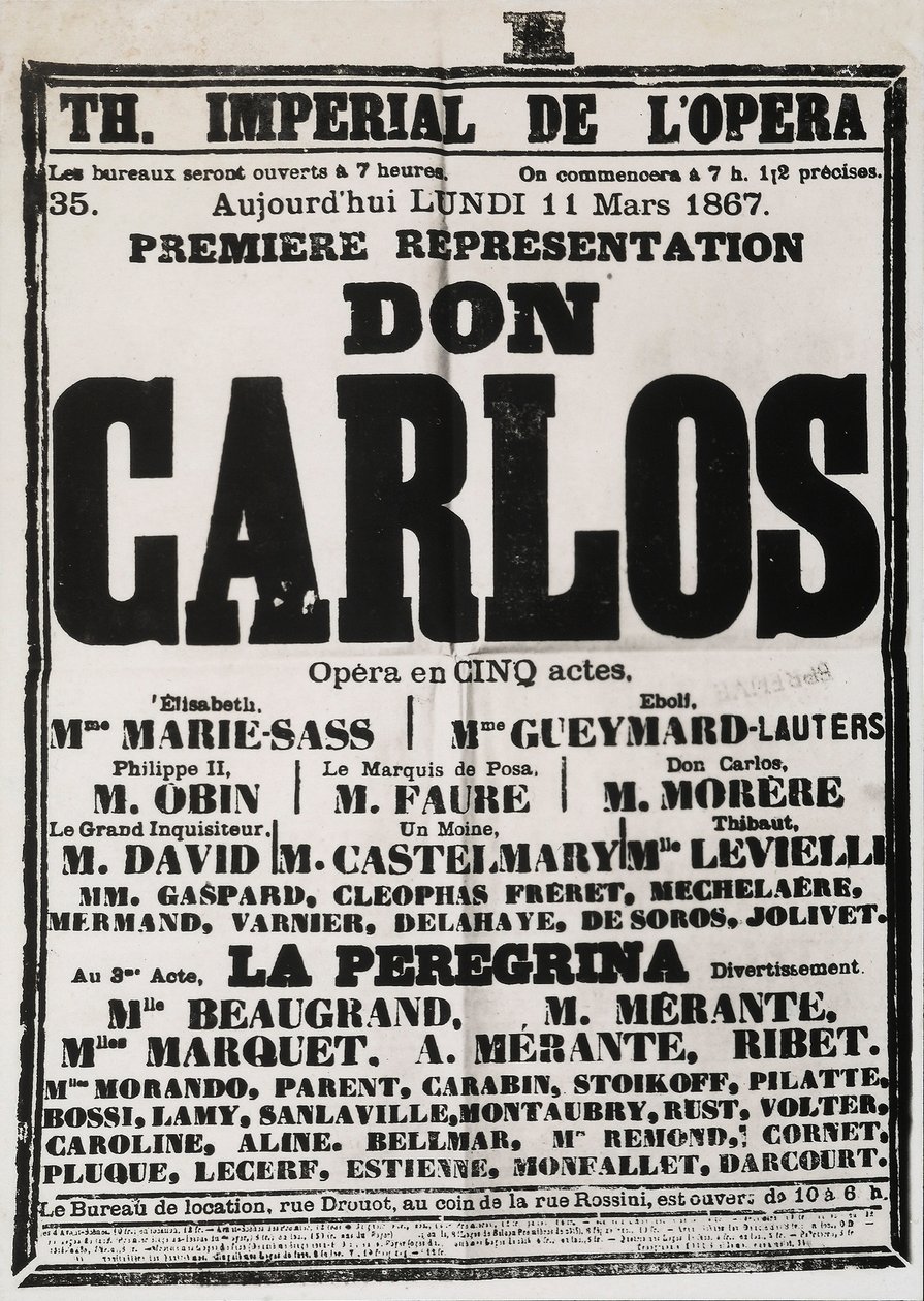 Plakat, der reklamerer for den første forestilling af Don Carlos på Theatre Imperial de lOpera, Paris, 1867 af French School