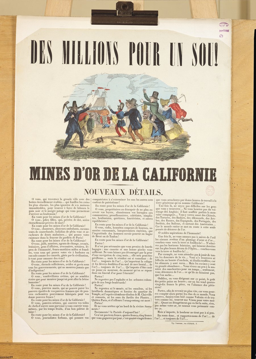Plakat, der reklamerer for guldminerne i Californien (farvegravering) af French School