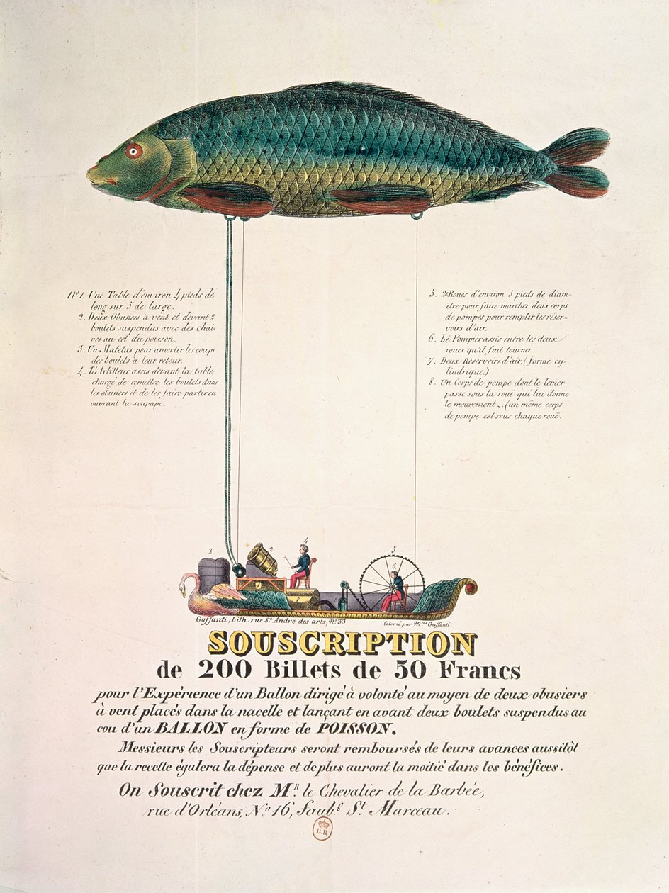 Plakat, der reklamerer for abonnementet på en styrbar ballon i form af en fisk af French School