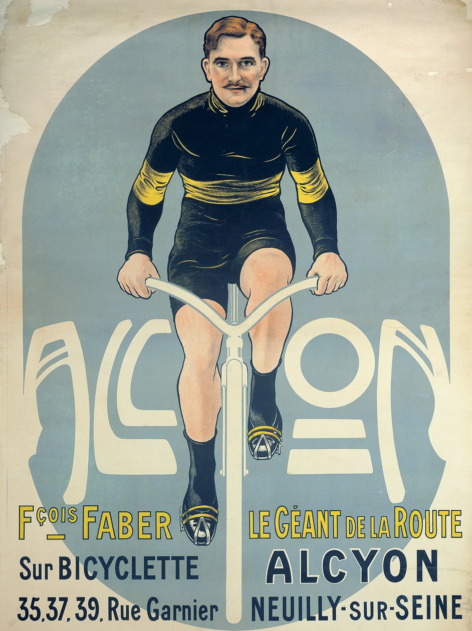 Plakat forestillende Francois Faber (d.1915) på sin Alcyon-cykel af French School