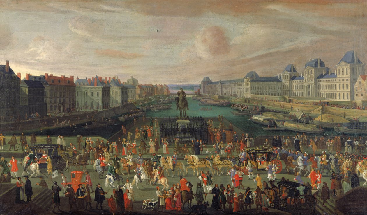 Optog af Ludvig XIV (1638-1715) over Pont-Neuf, 1665-69 af French School